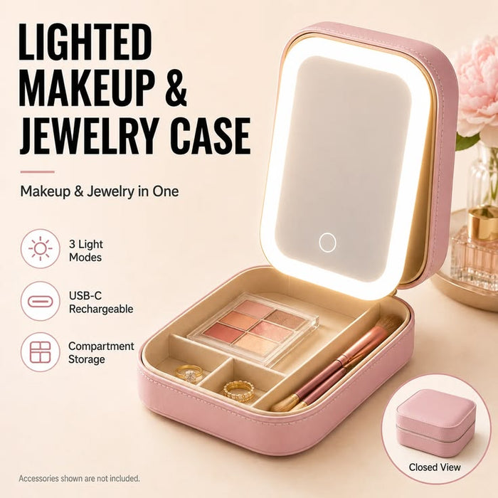 Luxury Makeup Organizer Box with LED Mirror Light | Cosmetic Storage Case